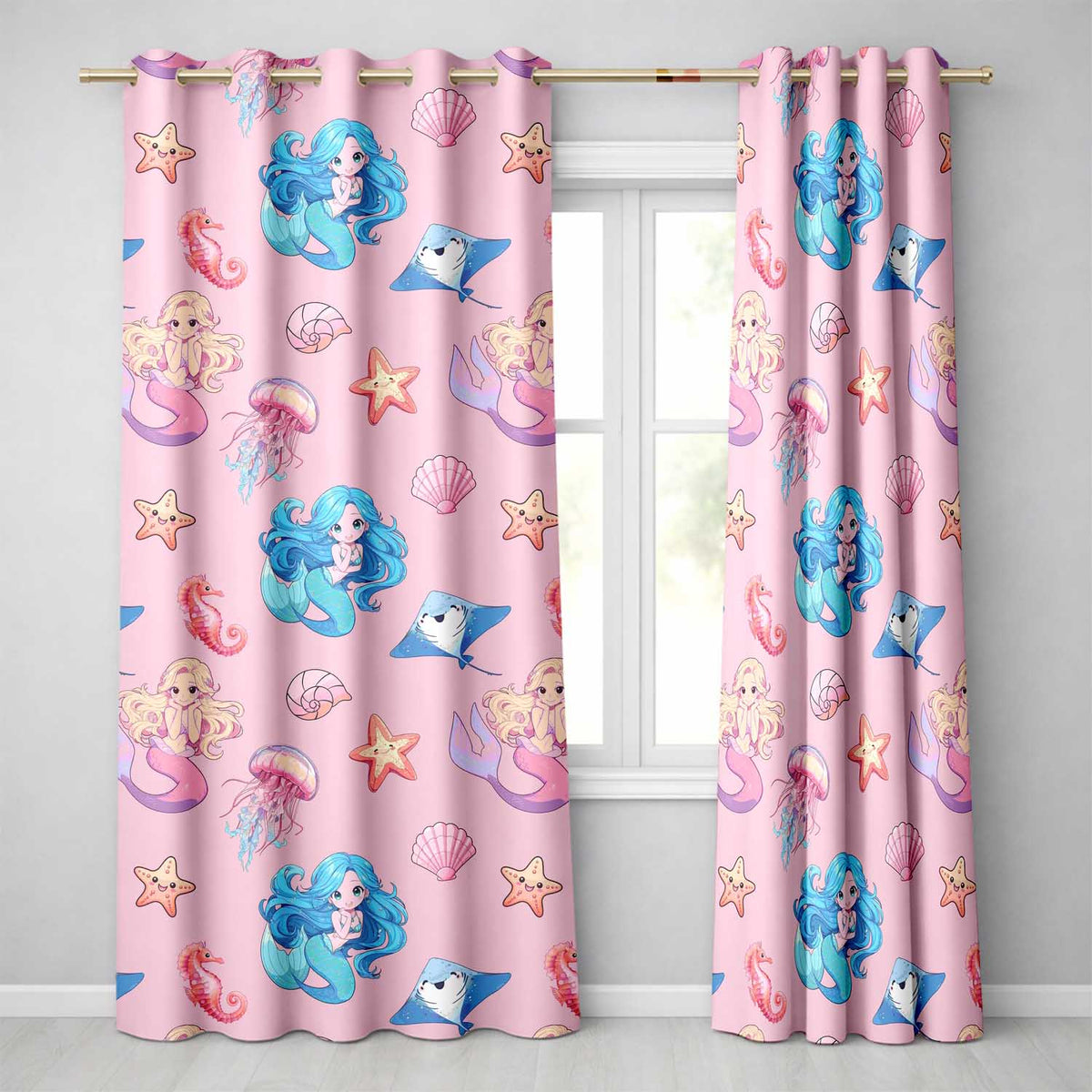 Cute Blue Mermaid Jellyfish Seahorse and Ocean Creatures Soft Pink Background Readymade Eyelet Ring Top Thermal 100% Blackout Curtains