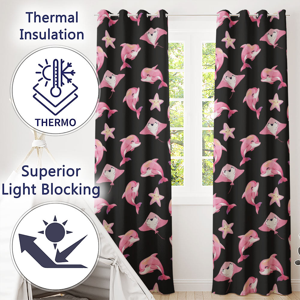 Cute Pink Dolphin Stingray Starfish Ocean Creatures Black Background Pattern Readymade Eyelet Ring Top Thermal 100% Blackout Curtains
