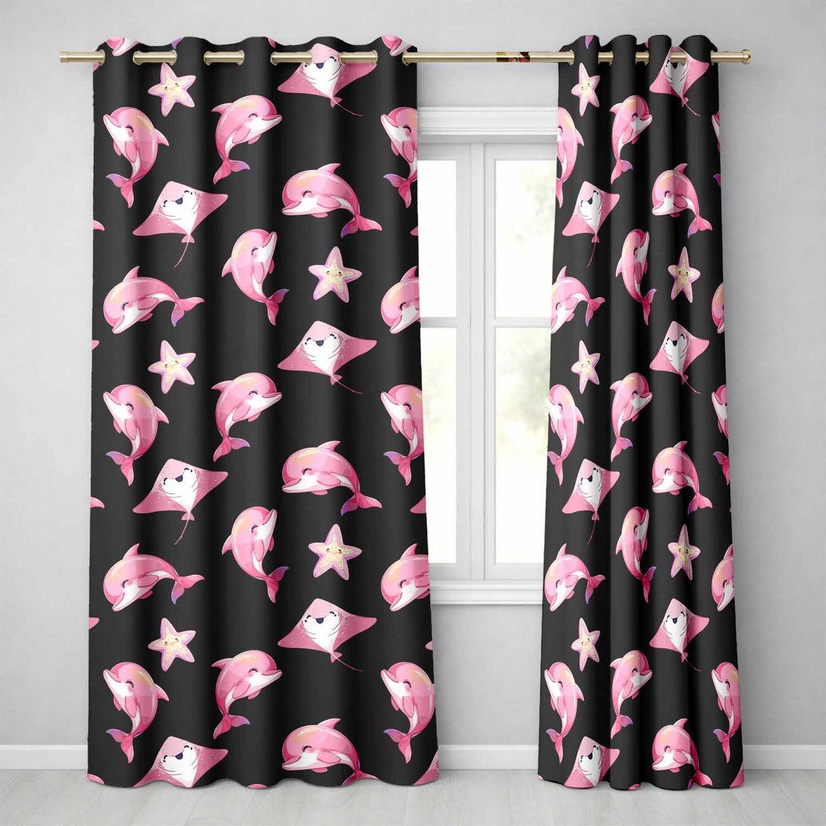 Cute Pink Dolphin Stingray Starfish Ocean Creatures Black Background Pattern Readymade Eyelet Ring Top Thermal 100% Blackout Curtains