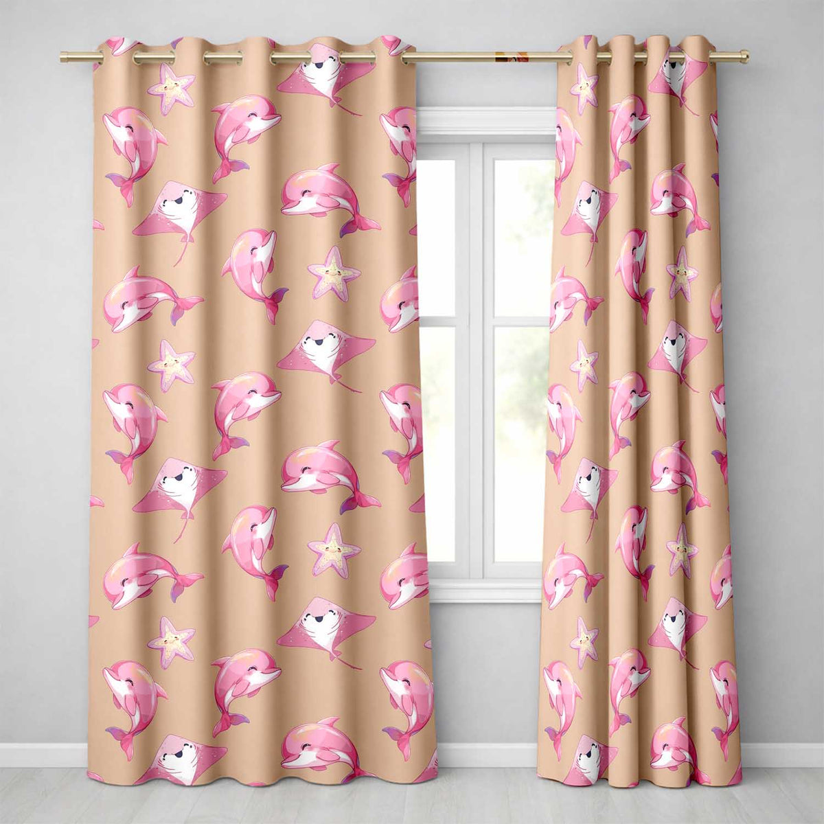 Cute Pink Dolphin Stingray Starfish Ocean Creatures Peach Background Pattern Readymade Eyelet Ring Top Thermal 100% Blackout Curtains