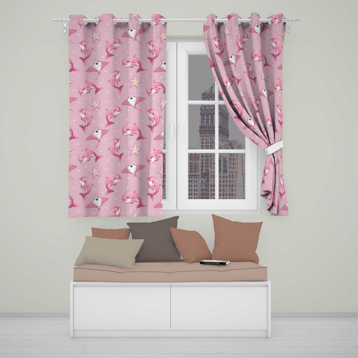 Pink Dolphin Stingray Starfish Ocean Creatures Light Pink Polka Dot Background Readymade Eyelet Ring Top Thermal 100% Blackout Curtains