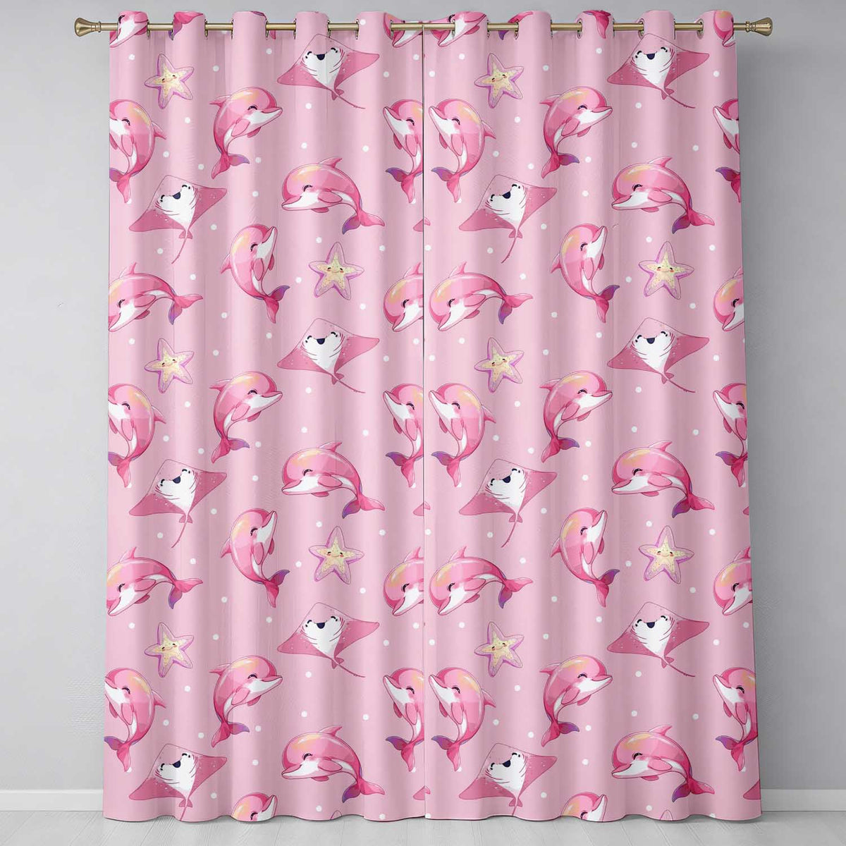 Pink Dolphin Stingray Starfish Ocean Creatures Light Pink Polka Dot Background Readymade Eyelet Ring Top Thermal 100% Blackout Curtains