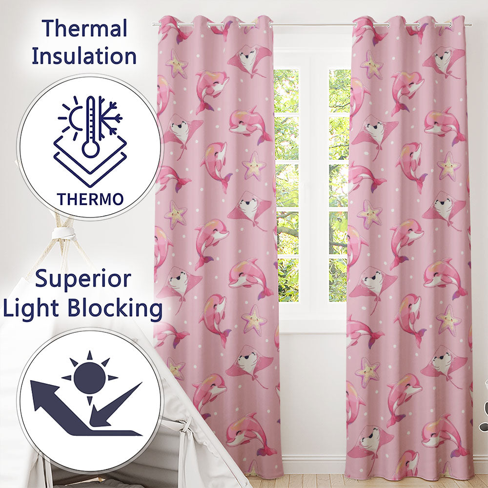 Pink Dolphin Stingray Starfish Ocean Creatures Light Pink Polka Dot Background Readymade Eyelet Ring Top Thermal 100% Blackout Curtains
