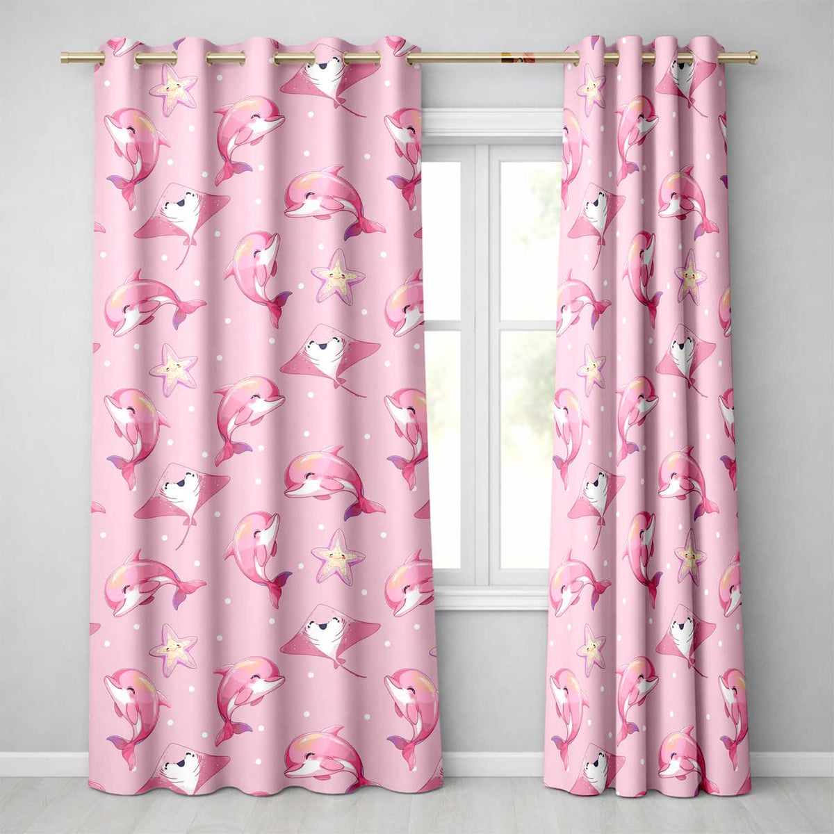 Pink Dolphin Stingray Starfish Ocean Creatures Light Pink Polka Dot Background Readymade Eyelet Ring Top Thermal 100% Blackout Curtains