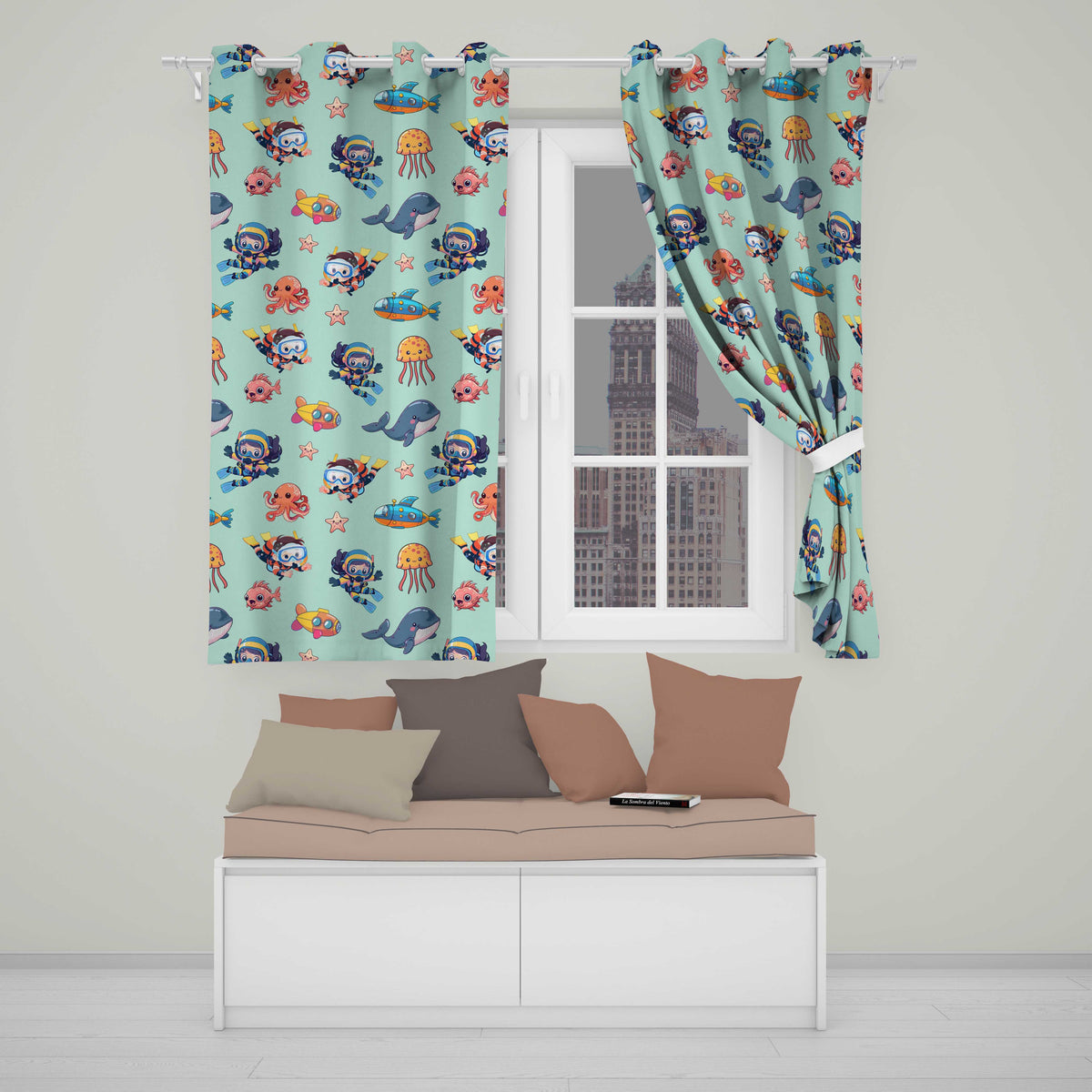 Kids Scuba Divers Submarine Jellyfish Ocean Animals Mint Green Background Readymade Eyelet Ring Top Thermal 100% Blackout Curtains