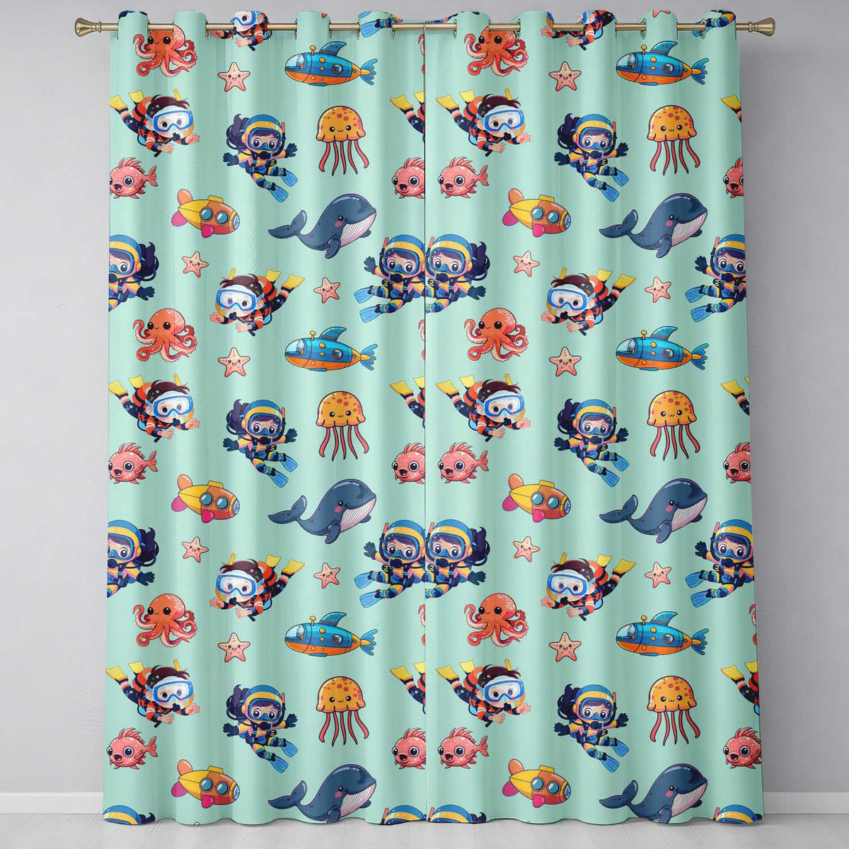 Kids Scuba Divers Submarine Jellyfish Ocean Animals Mint Green Background Readymade Eyelet Ring Top Thermal 100% Blackout Curtains