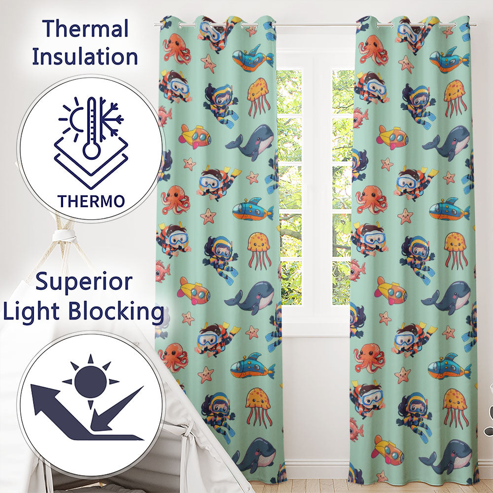 Kids Scuba Divers Submarine Jellyfish Ocean Animals Mint Green Background Readymade Eyelet Ring Top Thermal 100% Blackout Curtains