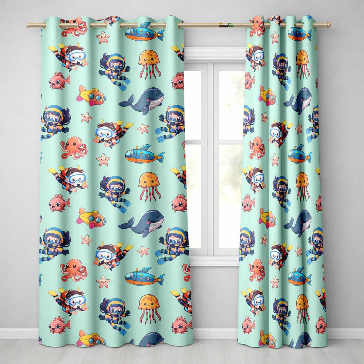 Kids Scuba Divers Submarine Jellyfish Ocean Animals Mint Green Background Readymade Eyelet Ring Top Thermal 100% Blackout Curtains