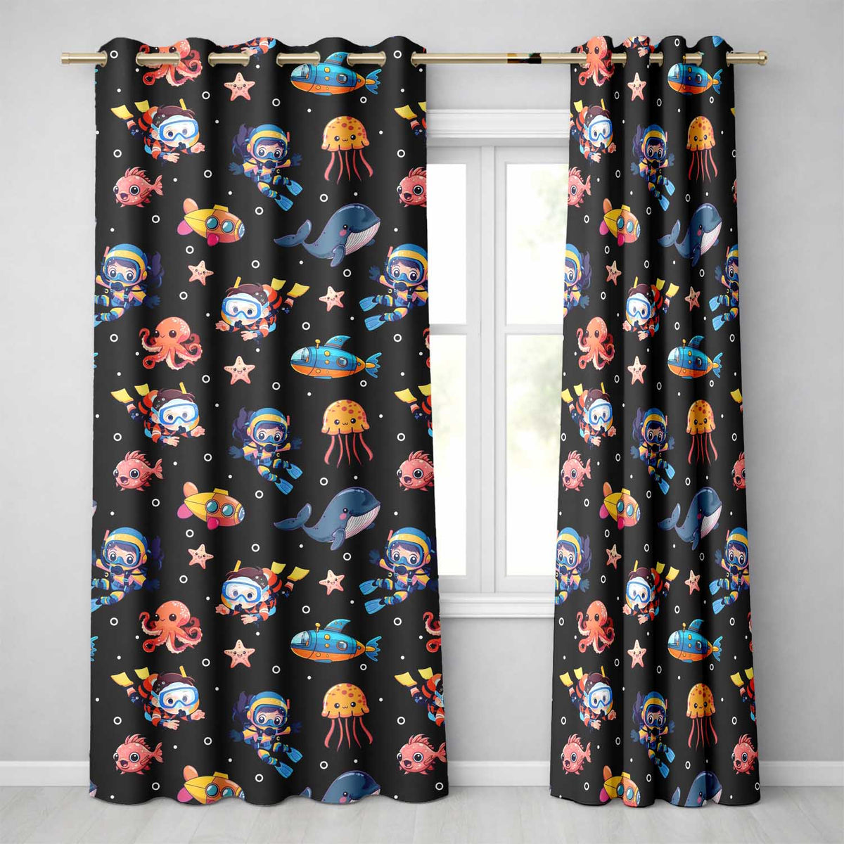 Kid Scuba Diver Submarine Jellyfish Ocean Animals Deep Black Bubble Background Readymade Eyelet Ring Top Thermal 100% Blackout Curtains