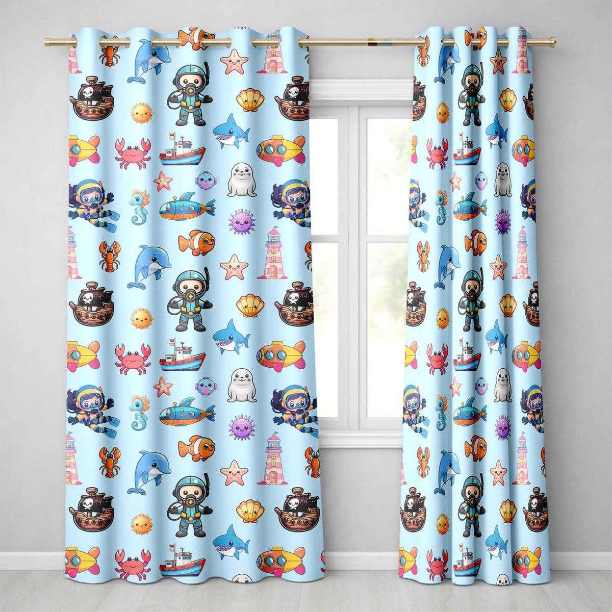 Cartoon Sea Animals Diver Dolphin Shark Boat Lighthouse Light Blue Background Readymade Eyelet Ring Top Thermal 100% Blackout Curtains