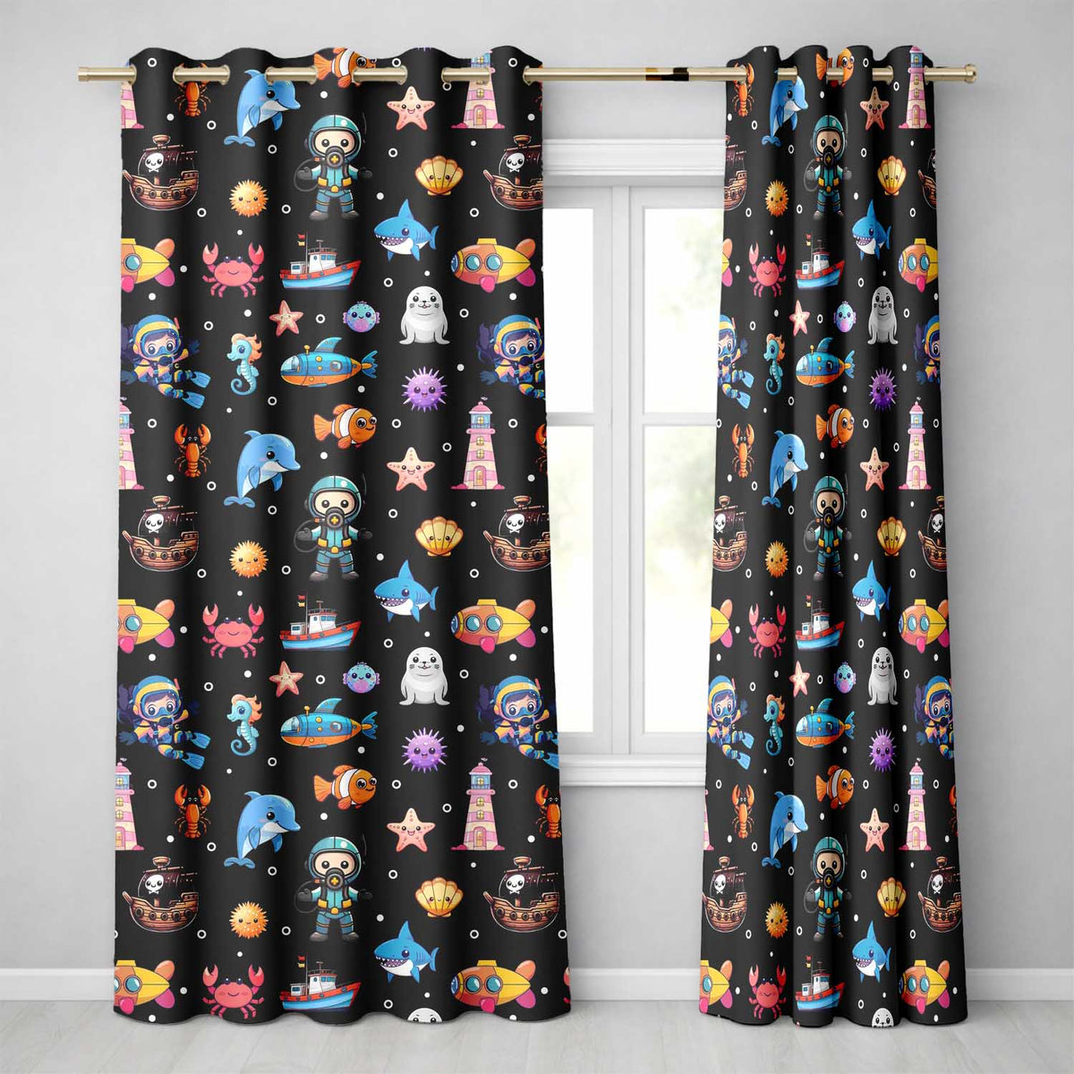 Cartoon Sea Animals Diver Dolphin Shark Lighthouse Black Bubble Background Readymade Eyelet Ring Top Thermal 100% Blackout Curtains