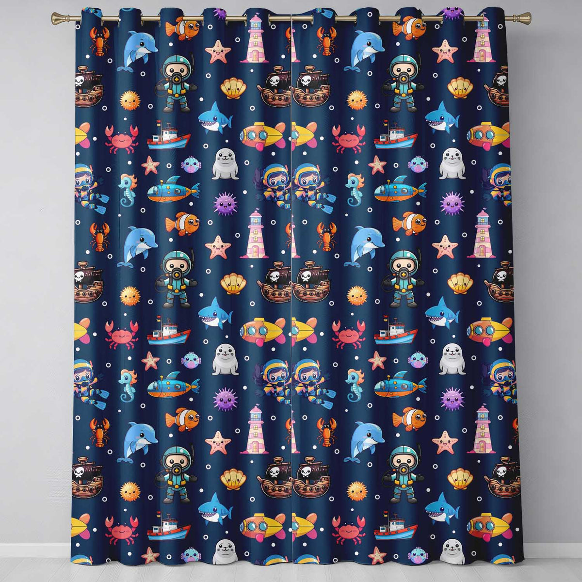 Cartoon Sea Animals Diver Dolphin Shark Crab Boat Navy Blue Bubble Background Readymade Eyelet Ring Top Thermal 100% Blackout Curtains