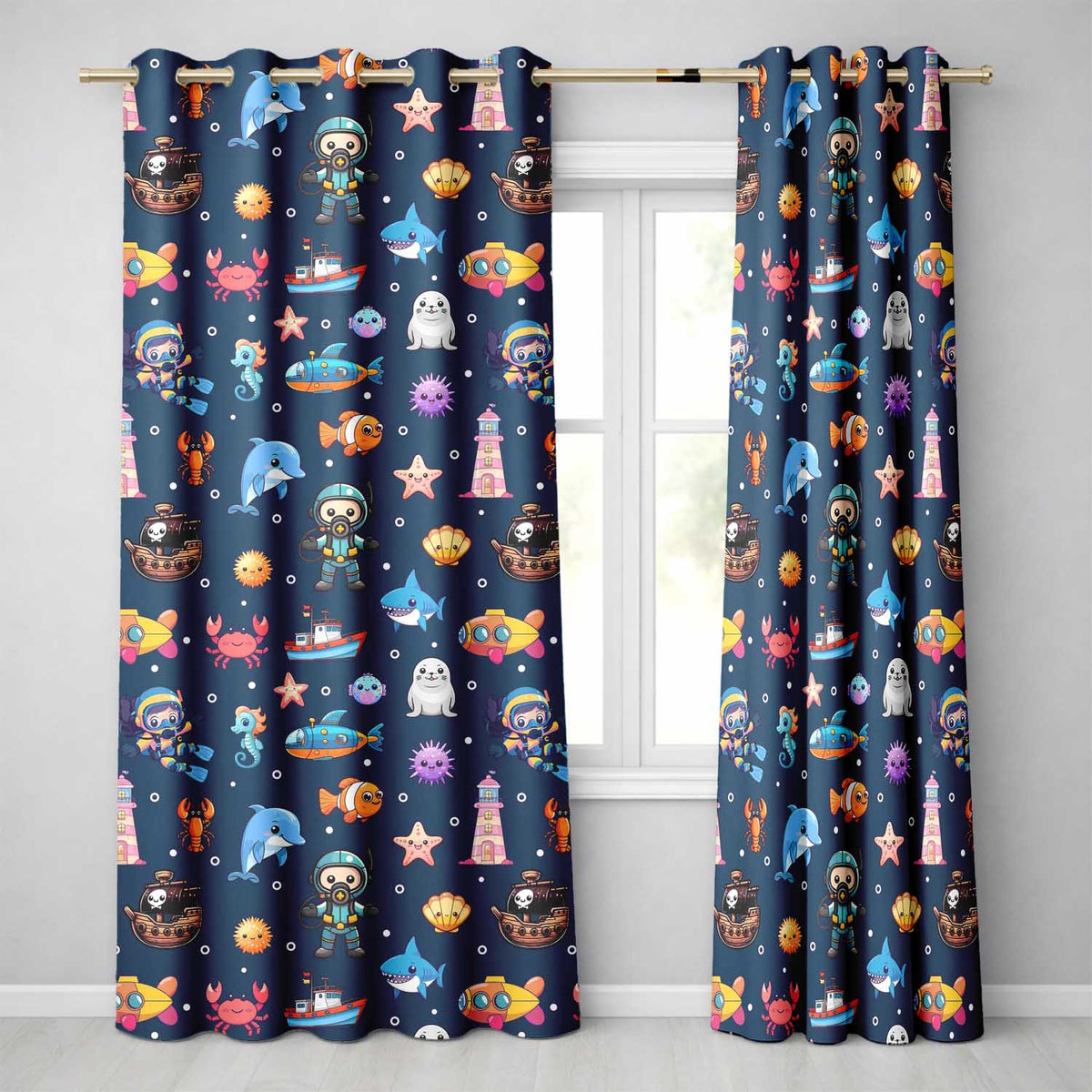 Cartoon Sea Animals Diver Dolphin Shark Crab Boat Navy Blue Bubble Background Readymade Eyelet Ring Top Thermal 100% Blackout Curtains