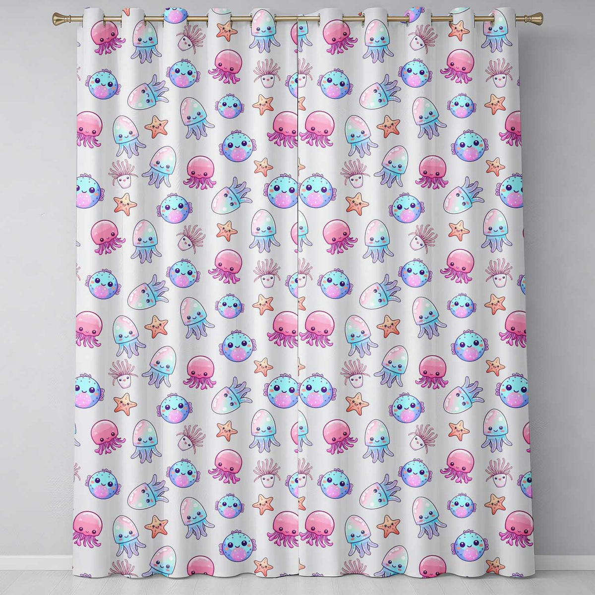 Cute Kawaii Jellyfish Starfish Pastel Ocean Creatures Cream Background Pattern Readymade Eyelet Ring Top Thermal 100% Blackout Curtains