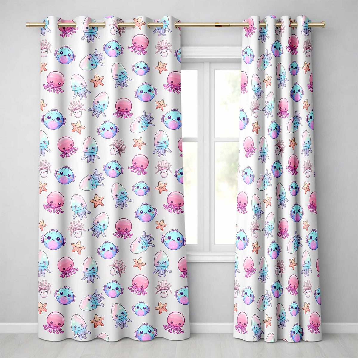 Cute Kawaii Jellyfish Starfish Pastel Ocean Creatures Cream Background Pattern Readymade Eyelet Ring Top Thermal 100% Blackout Curtains