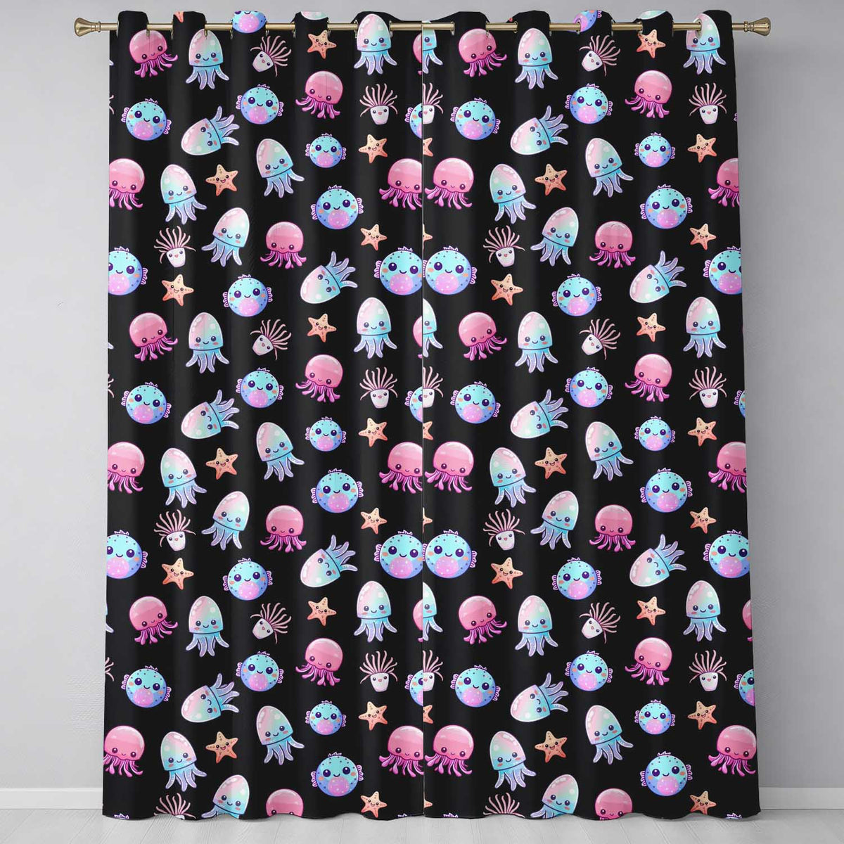 Kawaii Jellyfish Puffer Fish Starfish Pastel Ocean Creatures Black Background Readymade Eyelet Ring Top Thermal 100% Blackout Curtains