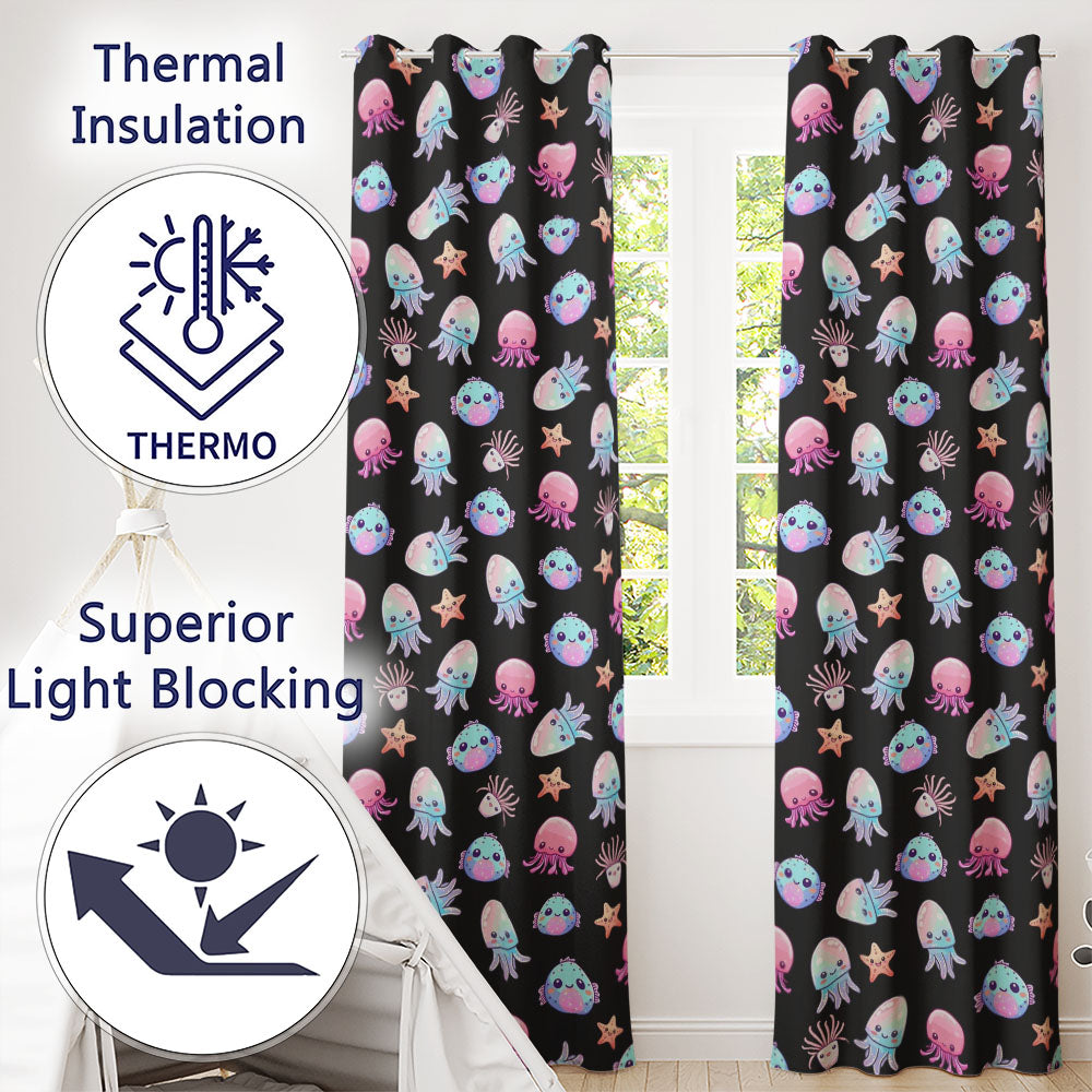 Kawaii Jellyfish Puffer Fish Starfish Pastel Ocean Creatures Black Background Readymade Eyelet Ring Top Thermal 100% Blackout Curtains