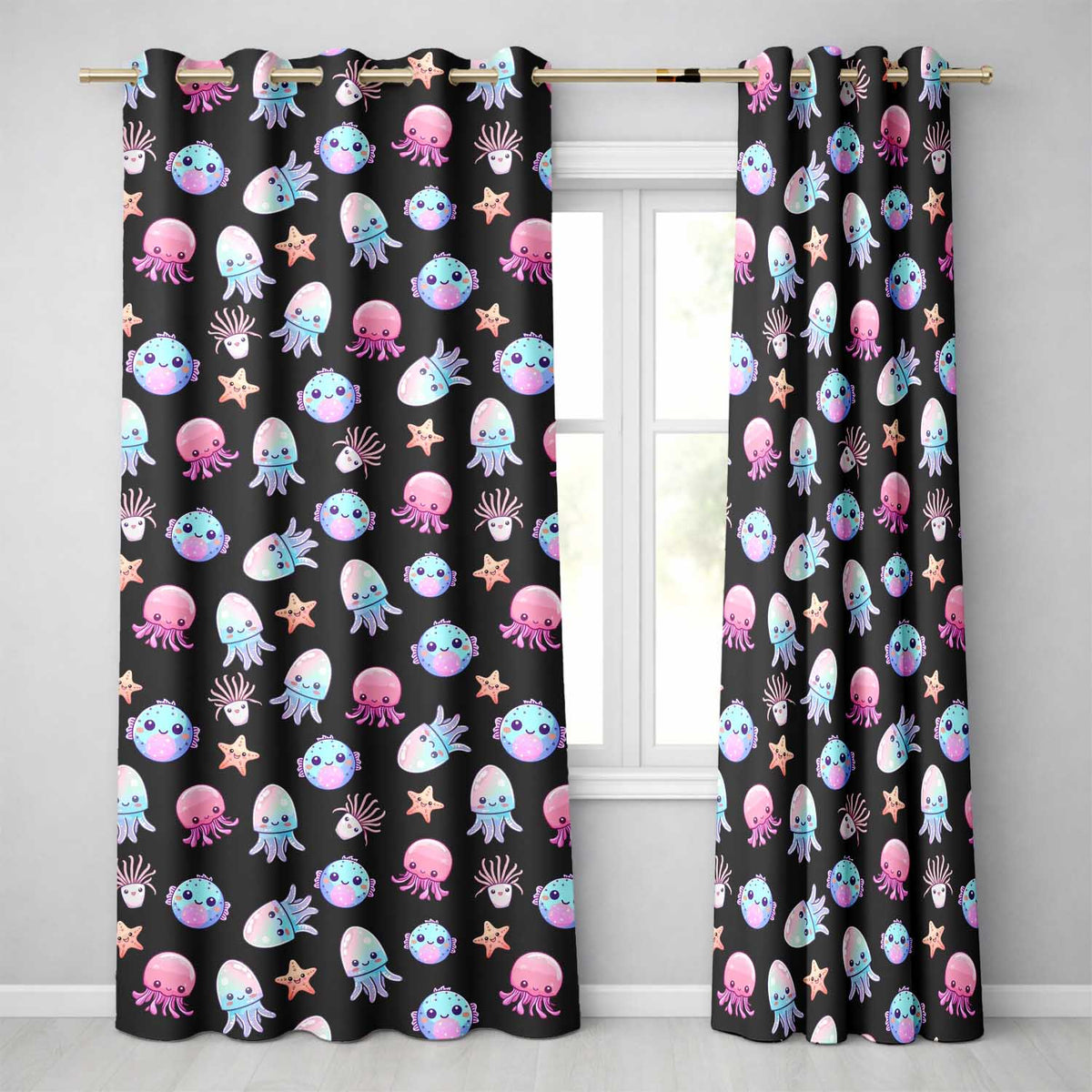 Kawaii Jellyfish Puffer Fish Starfish Pastel Ocean Creatures Black Background Readymade Eyelet Ring Top Thermal 100% Blackout Curtains