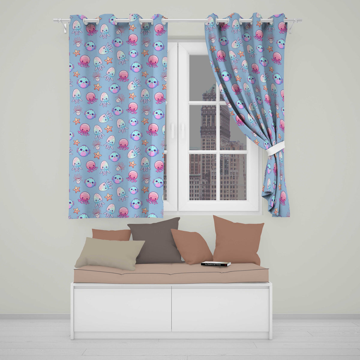 Kawaii Jellyfish Puffer Fish Starfish Pastel Ocean Creatures Blue Background Readymade Eyelet Ring Top Thermal 100% Blackout Curtains