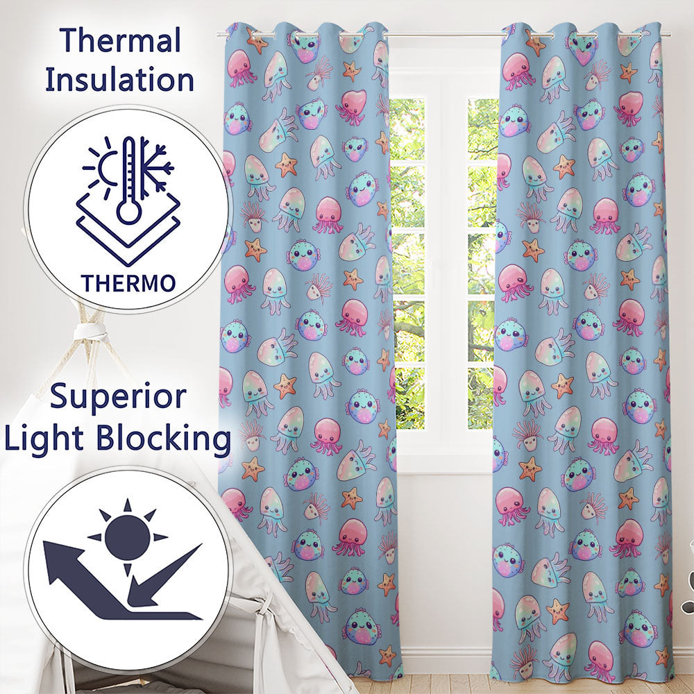 Kawaii Jellyfish Puffer Fish Starfish Pastel Ocean Creatures Blue Background Readymade Eyelet Ring Top Thermal 100% Blackout Curtains