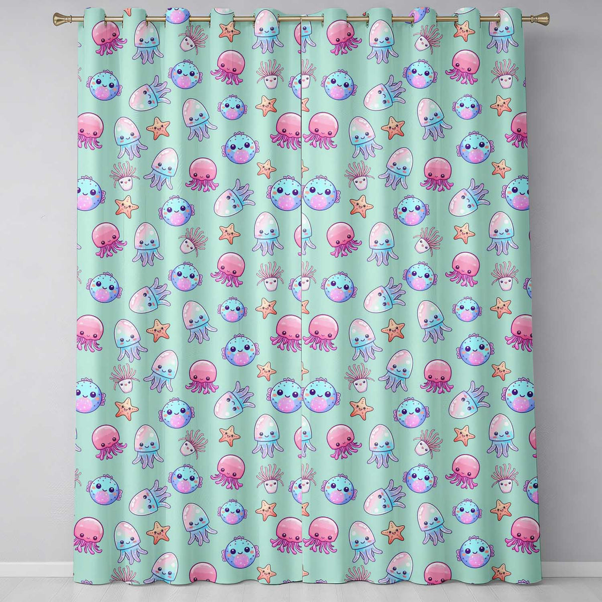 Kawaii Jellyfish Puffer Fish Starfish Pastel Ocean Creatures Mint Background Readymade Eyelet Ring Top Thermal 100% Blackout Curtains