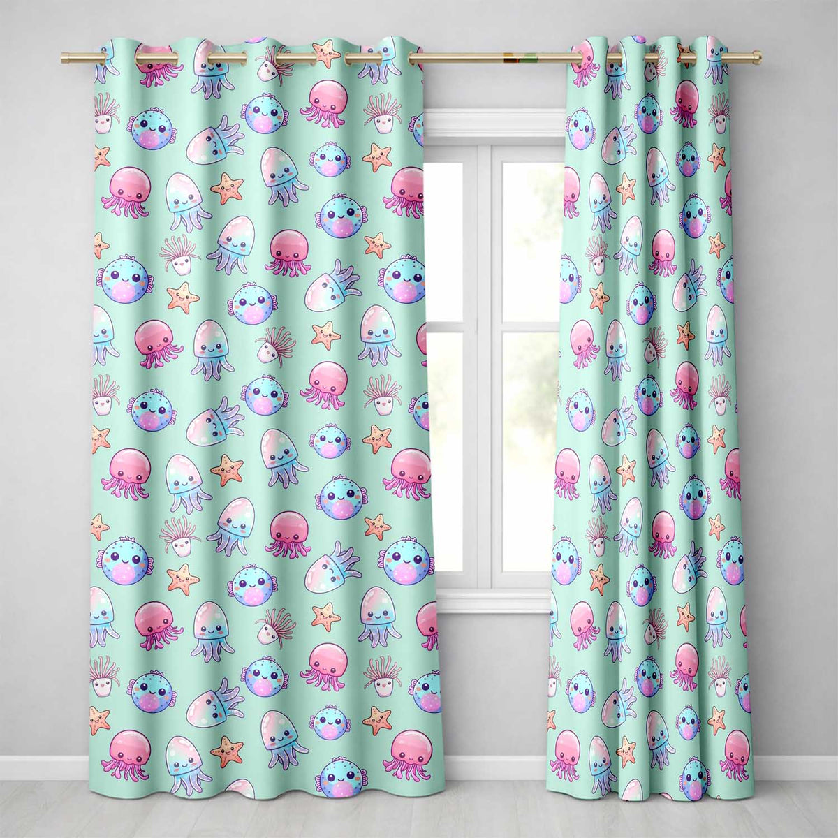 Kawaii Jellyfish Puffer Fish Starfish Pastel Ocean Creatures Mint Background Readymade Eyelet Ring Top Thermal 100% Blackout Curtains
