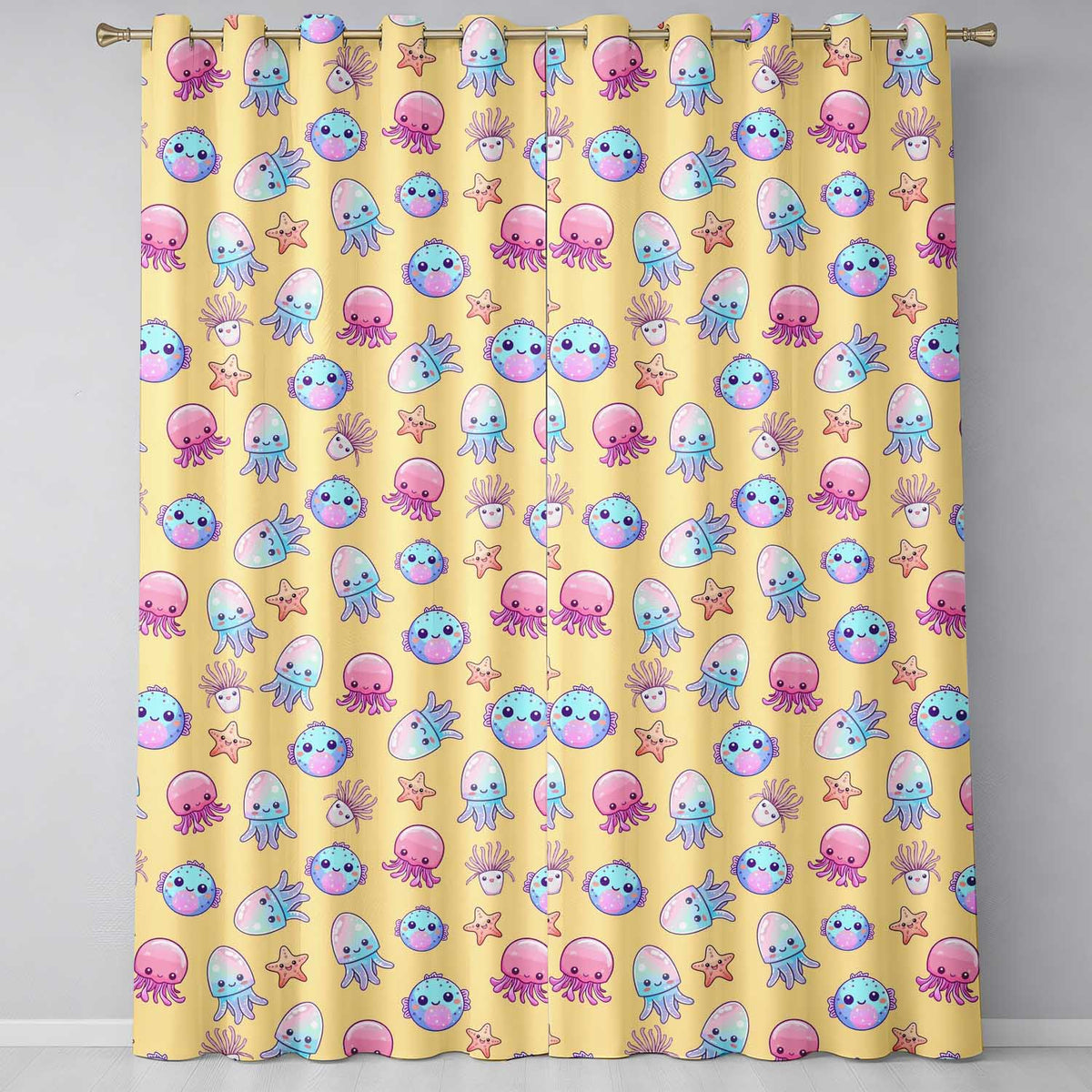 Kawaii Jellyfish Puffer Fish Starfish Pastel Ocean Creatures Yellow Background Readymade Eyelet Ring Top Thermal 100% Blackout Curtains
