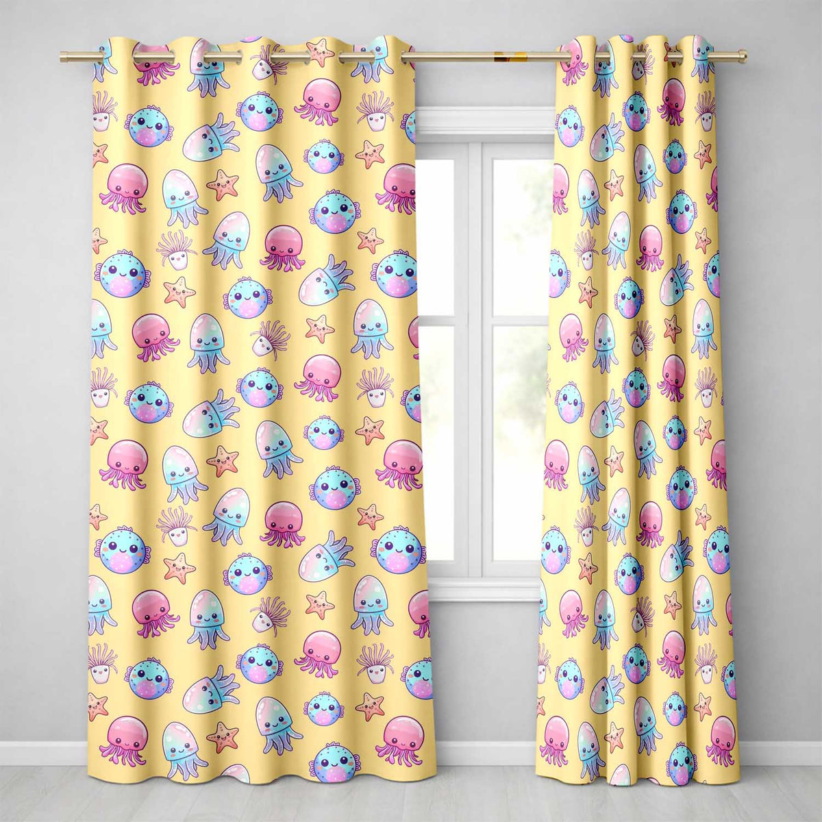 Kawaii Jellyfish Puffer Fish Starfish Pastel Ocean Creatures Yellow Background Readymade Eyelet Ring Top Thermal 100% Blackout Curtains