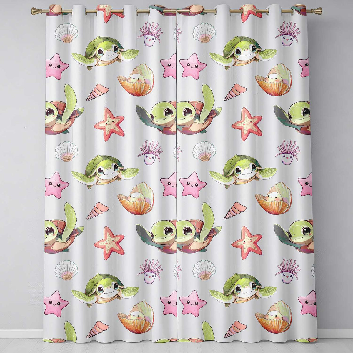 Cute Kawaii Sea Turtle Starfish Shells Ocean Friends Cream Background Pattern Readymade Eyelet Ring Top Thermal 100% Blackout Curtains