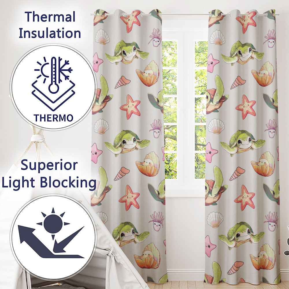 Cute Kawaii Sea Turtle Starfish Shells Ocean Friends Cream Background Pattern Readymade Eyelet Ring Top Thermal 100% Blackout Curtains