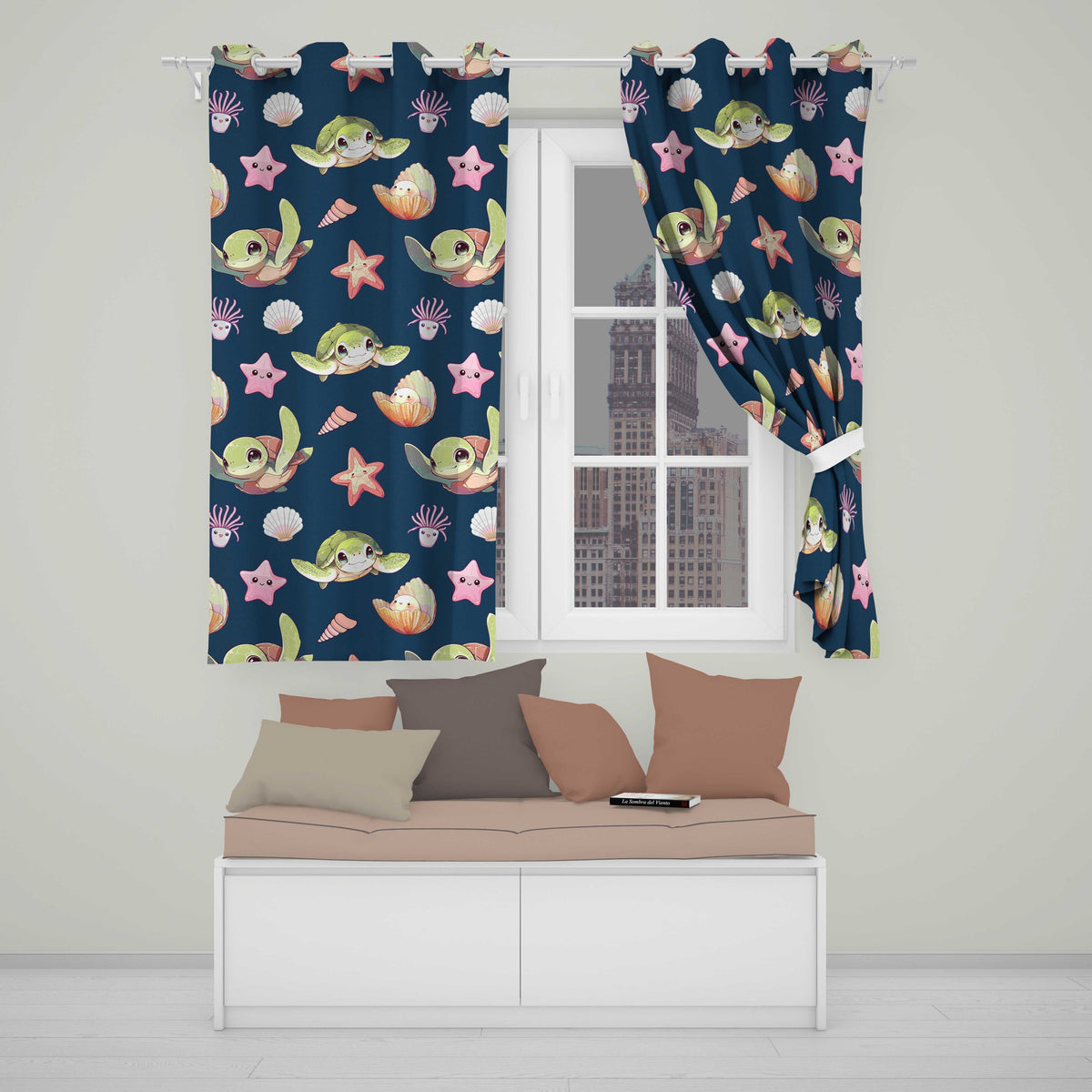 Cute Kawaii Sea Turtle Starfish Shells Ocean Friends Navy Background Pattern Readymade Eyelet Ring Top Thermal 100% Blackout Curtains