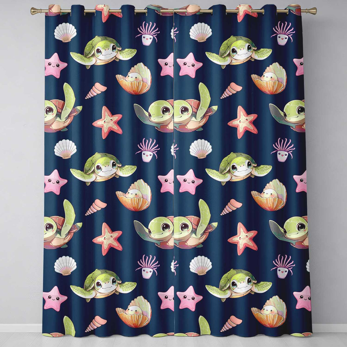 Cute Kawaii Sea Turtle Starfish Shells Ocean Friends Navy Background Pattern Readymade Eyelet Ring Top Thermal 100% Blackout Curtains
