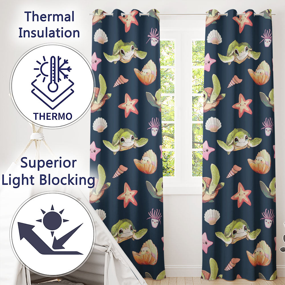 Cute Kawaii Sea Turtle Starfish Shells Ocean Friends Navy Background Pattern Readymade Eyelet Ring Top Thermal 100% Blackout Curtains
