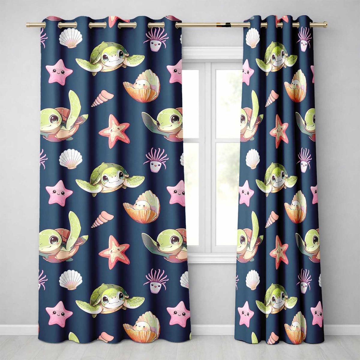 Cute Kawaii Sea Turtle Starfish Shells Ocean Friends Navy Background Pattern Readymade Eyelet Ring Top Thermal 100% Blackout Curtains