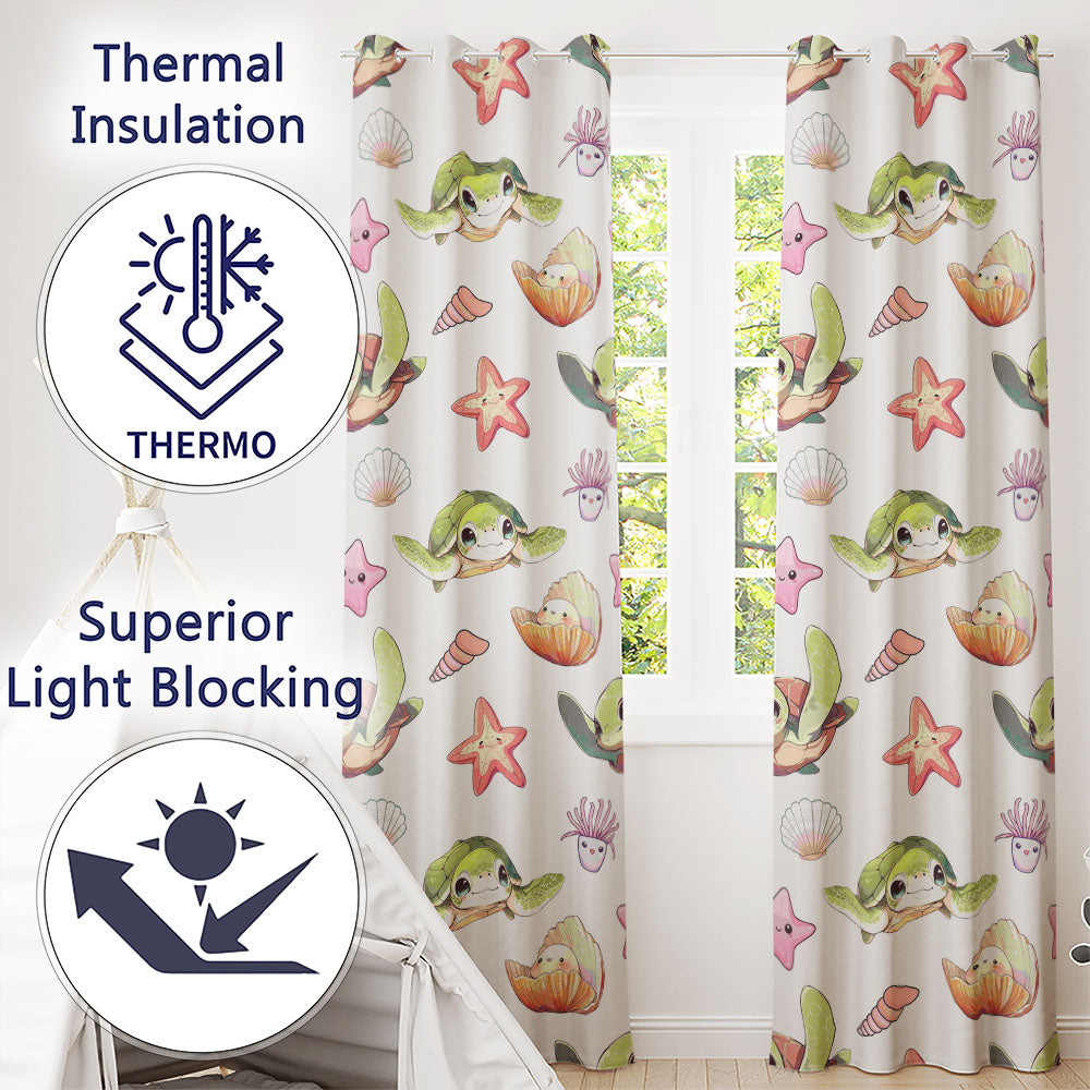 Cute Kawaii Sea Turtle Starfish Shells Ocean Friends Light Grey Background Readymade Eyelet Ring Top Thermal 100% Blackout Curtains