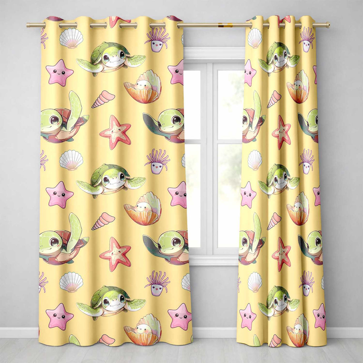 Cute Kawaii Sea Turtle Starfish Shells Ocean Friends Yellow Background Pattern Readymade Eyelet Ring Top Thermal 100% Blackout Curtains