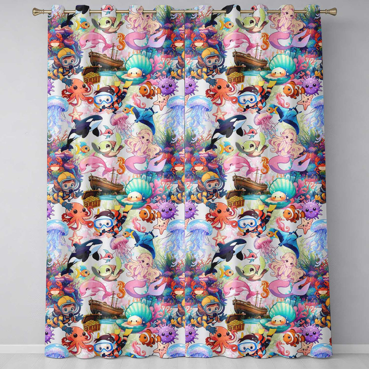 Cute Underwater Ocean Scene Mermaid Dolphin Turtle Treasure Seamless Pattern Readymade Eyelet Ring Top Thermal 100% Blackout Curtains