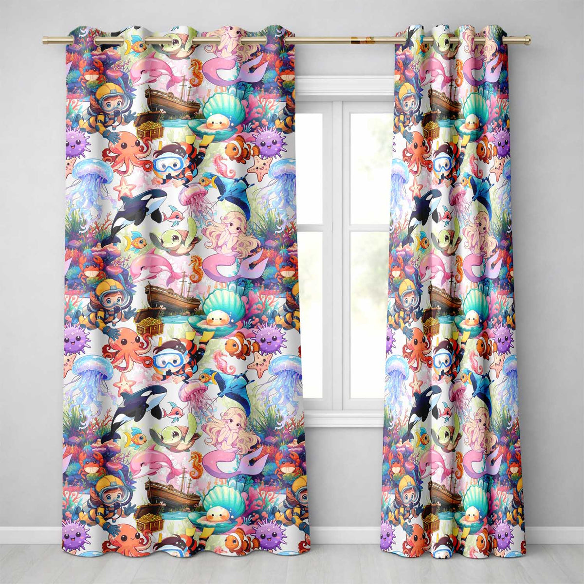 Cute Underwater Ocean Scene Mermaid Dolphin Turtle Treasure Seamless Pattern Readymade Eyelet Ring Top Thermal 100% Blackout Curtains