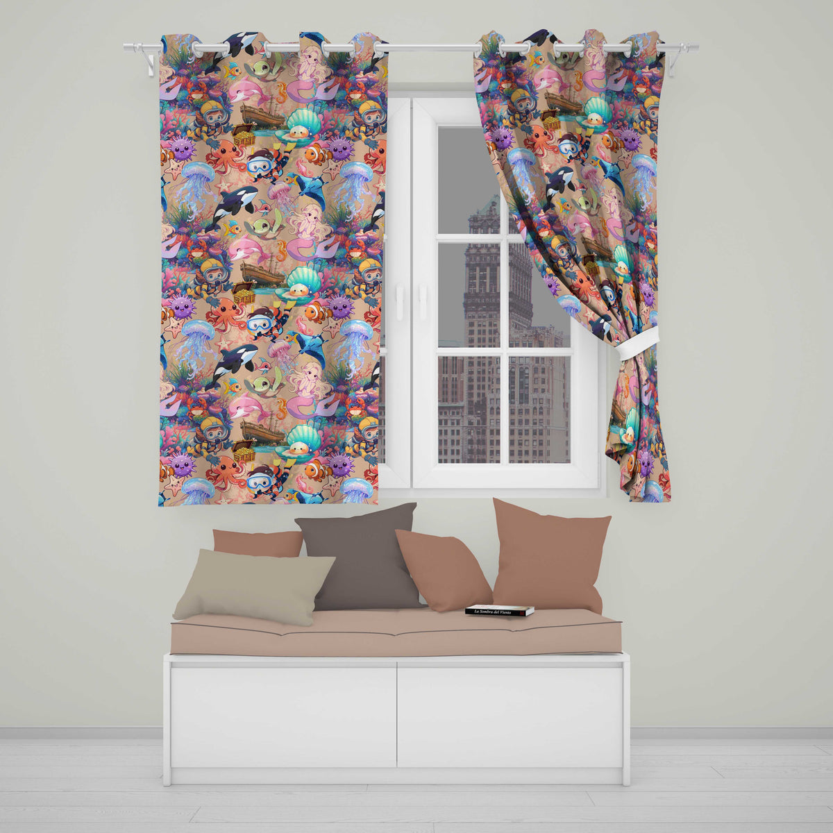 Cute Underwater Ocean Scene Mermaid Dolphin Turtle Treasure Peach Pattern Readymade Eyelet Ring Top Thermal 100% Blackout Curtains