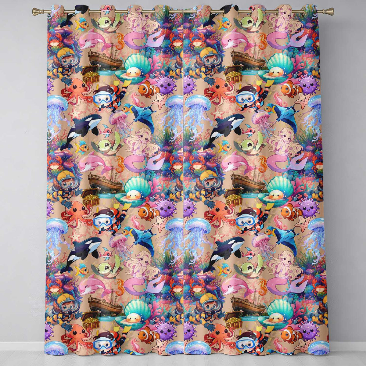 Cute Underwater Ocean Scene Mermaid Dolphin Turtle Treasure Peach Pattern Readymade Eyelet Ring Top Thermal 100% Blackout Curtains