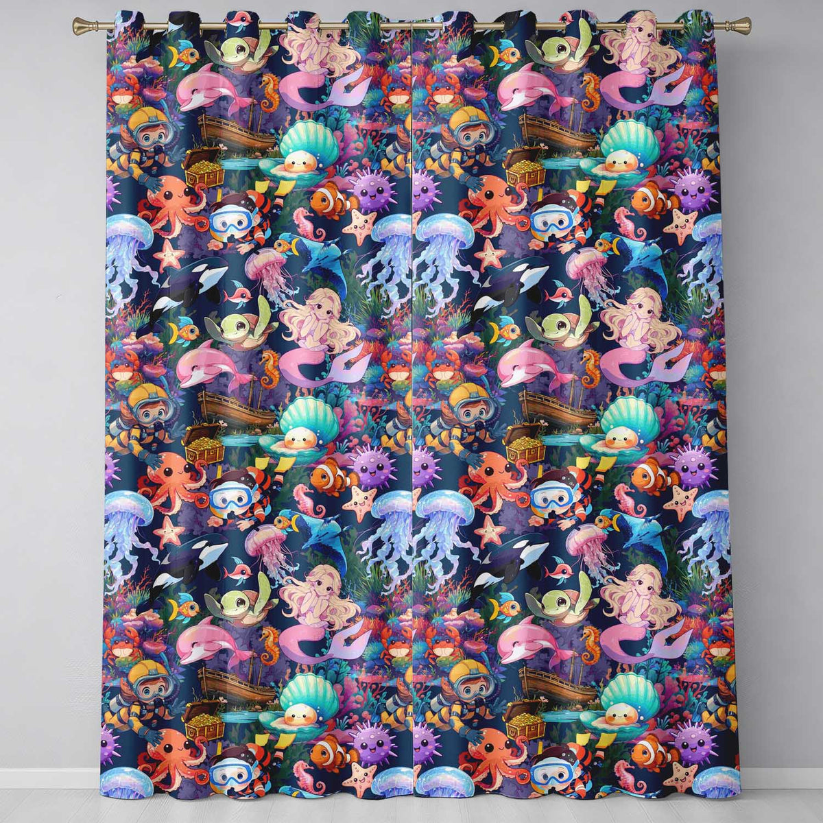 Cute Underwater Ocean Scene Mermaid Dolphin Turtle Treasure Dark Pattern Readymade Eyelet Ring Top Thermal 100% Blackout Curtains