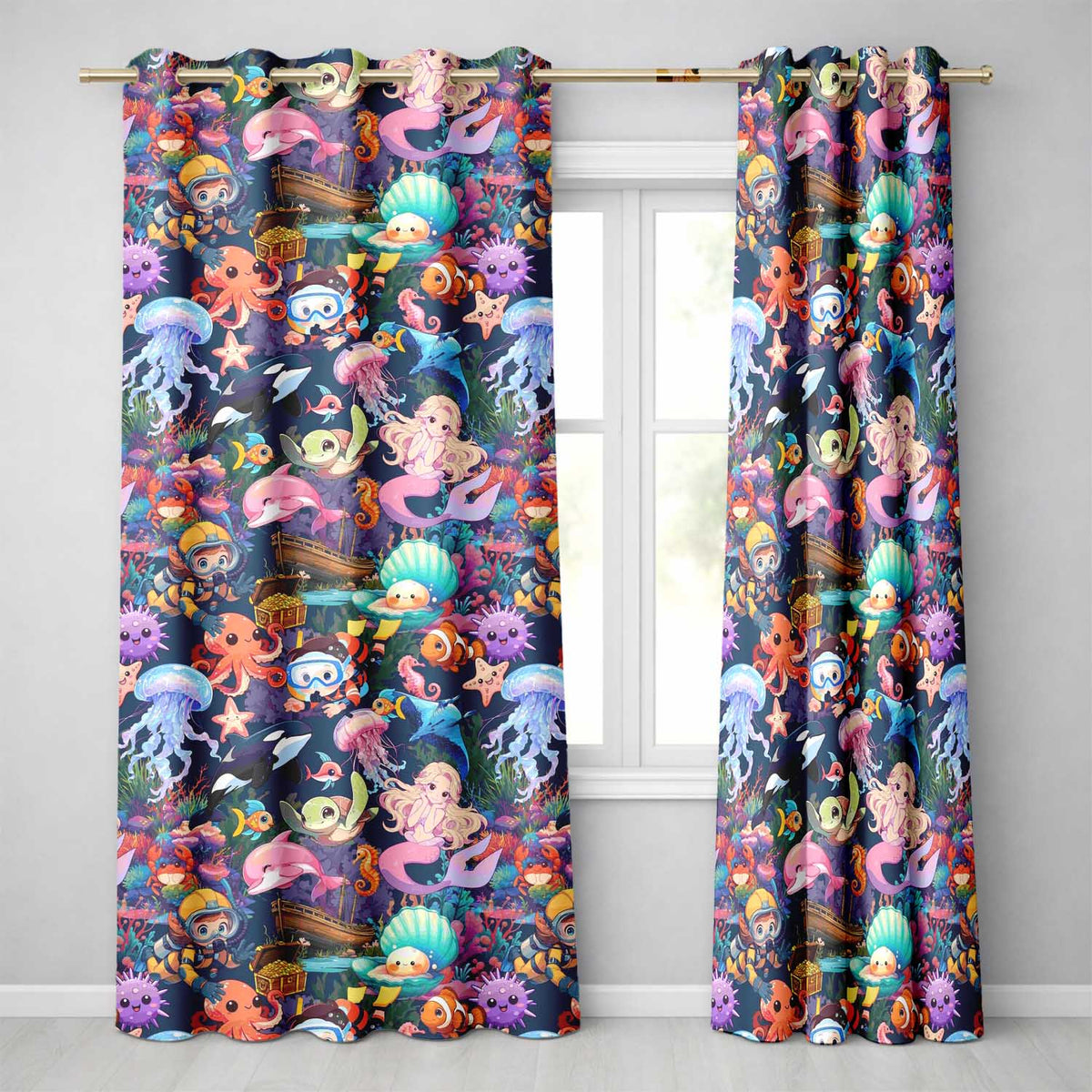 Cute Underwater Ocean Scene Mermaid Dolphin Turtle Treasure Dark Pattern Readymade Eyelet Ring Top Thermal 100% Blackout Curtains