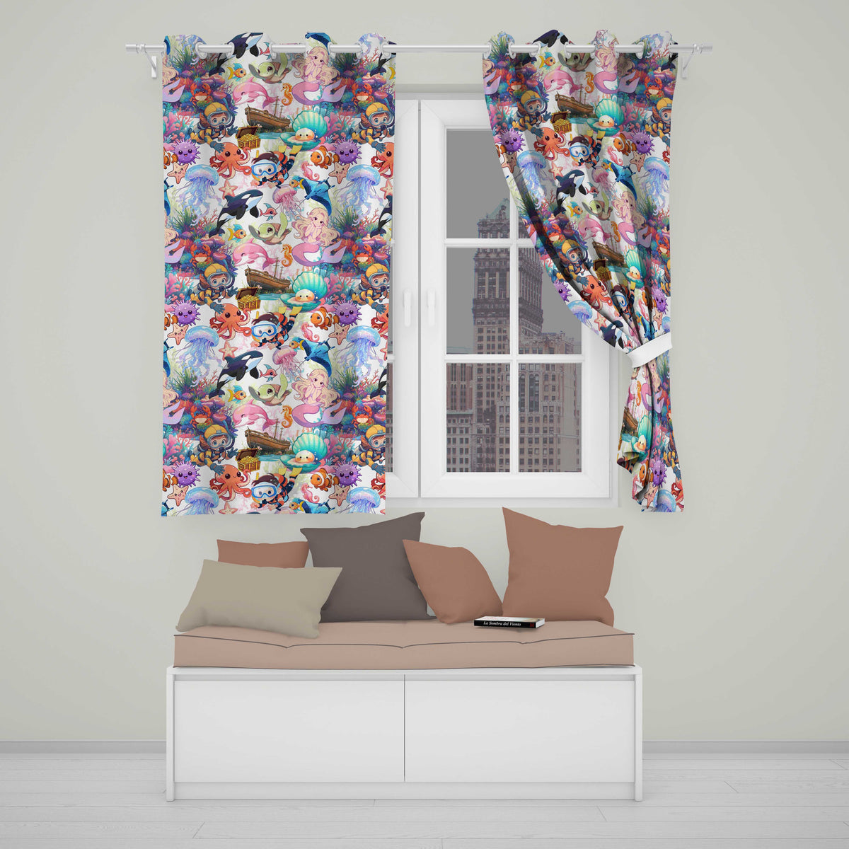 Cute Underwater Ocean Scene Mermaid Dolphin Turtle Treasure White Pattern Readymade Eyelet Ring Top Thermal 100% Blackout Curtains