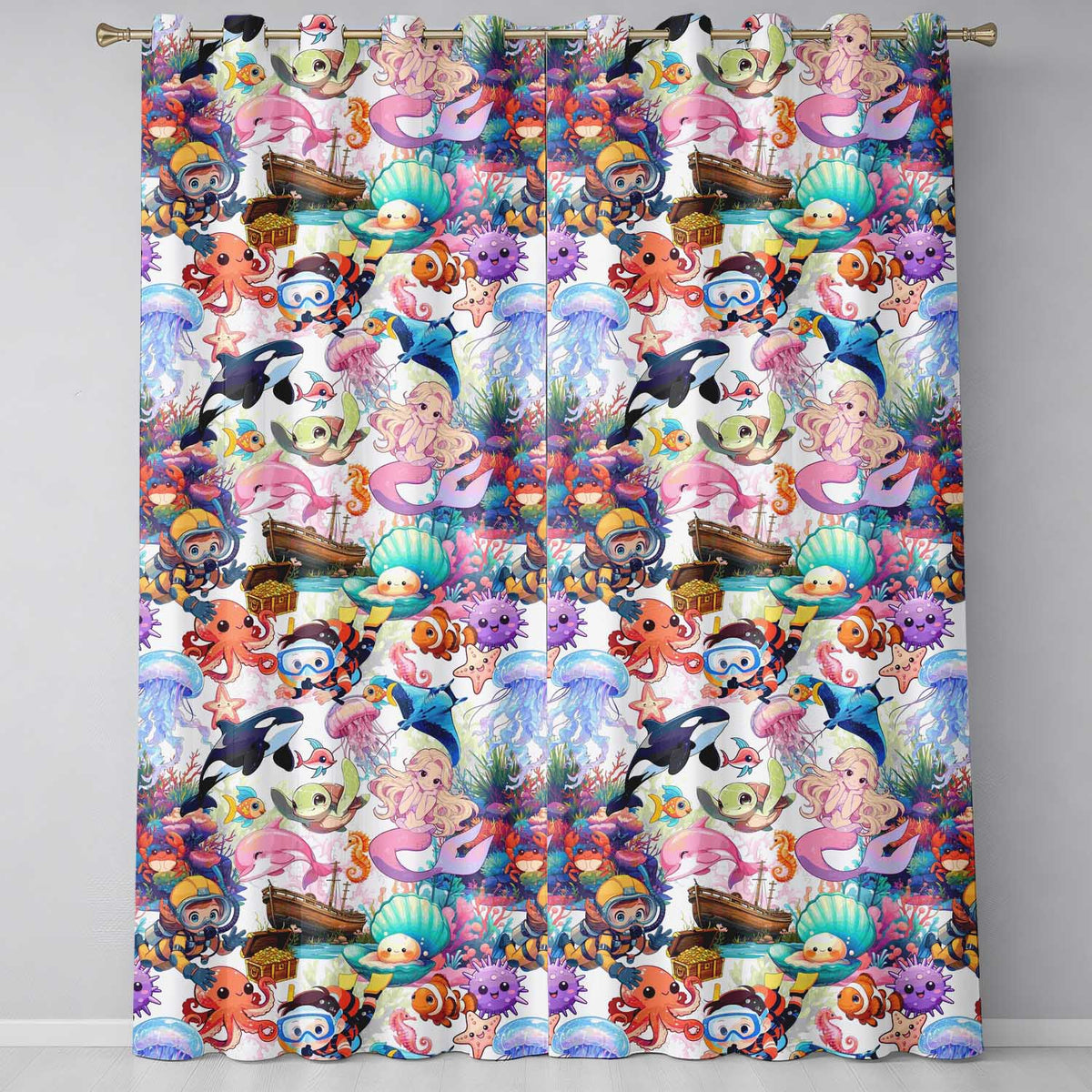 Cute Underwater Ocean Scene Mermaid Dolphin Turtle Treasure White Pattern Readymade Eyelet Ring Top Thermal 100% Blackout Curtains