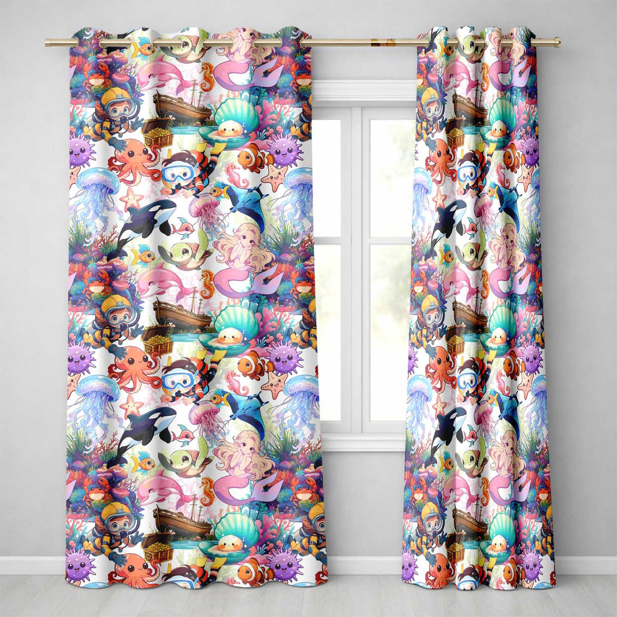 Cute Underwater Ocean Scene Mermaid Dolphin Turtle Treasure White Pattern Readymade Eyelet Ring Top Thermal 100% Blackout Curtains