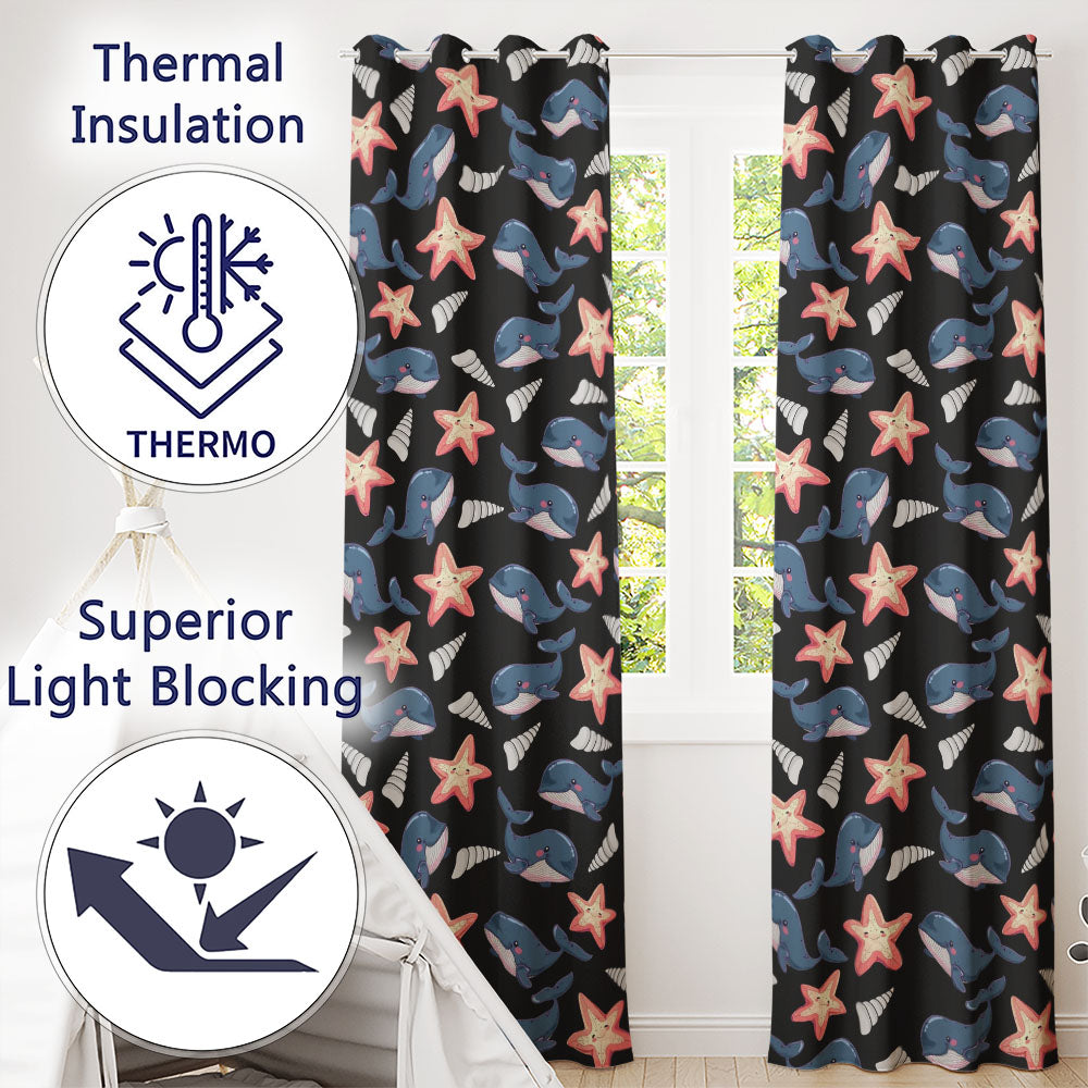 Cute Kawaii Whale Starfish Seashell Ocean Animals Black Background Pattern Readymade Eyelet Ring Top Thermal 100% Blackout Curtains