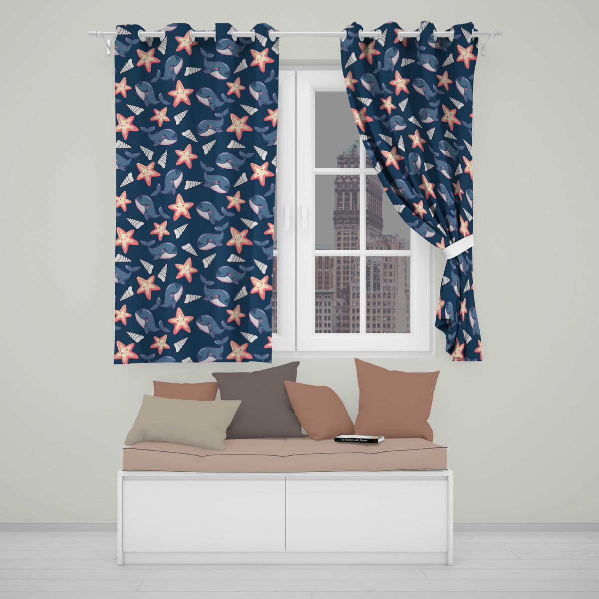 Cute Kawaii Whale Starfish Seashell Ocean Animals Navy Background Pattern Readymade Eyelet Ring Top Thermal 100% Blackout Curtains