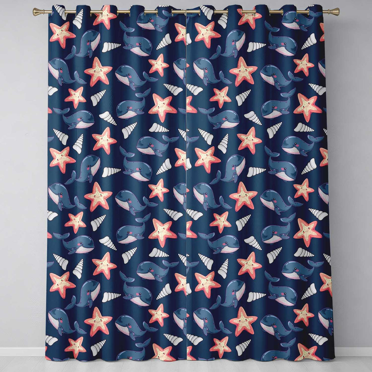Cute Kawaii Whale Starfish Seashell Ocean Animals Navy Background Pattern Readymade Eyelet Ring Top Thermal 100% Blackout Curtains