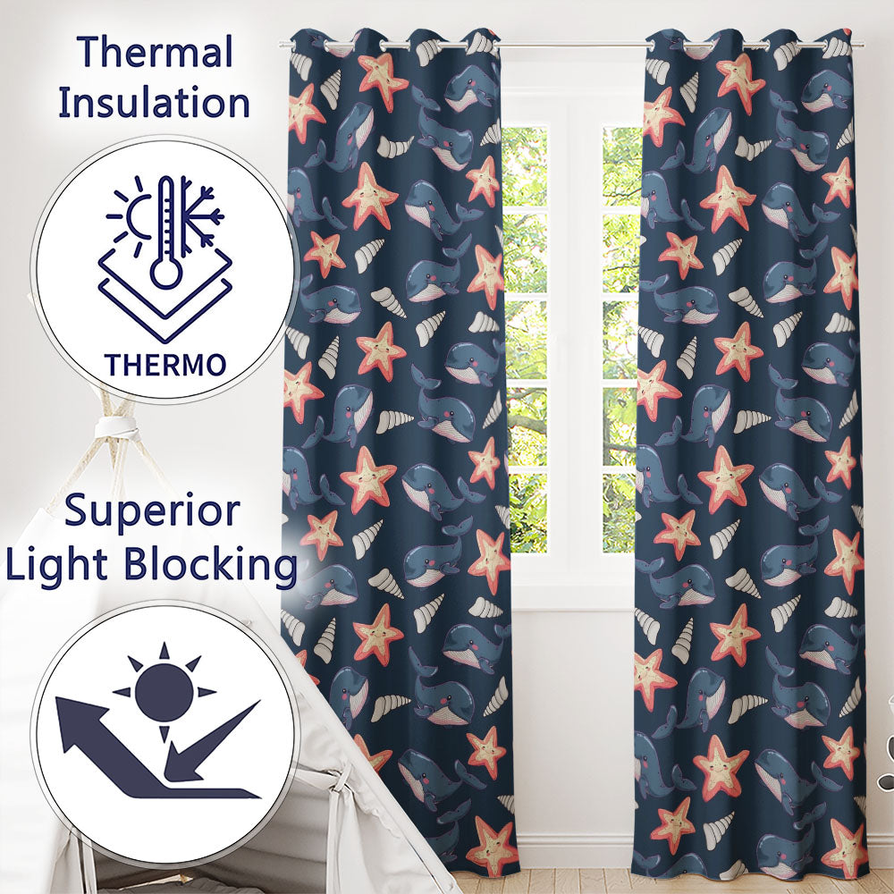 Cute Kawaii Whale Starfish Seashell Ocean Animals Navy Background Pattern Readymade Eyelet Ring Top Thermal 100% Blackout Curtains
