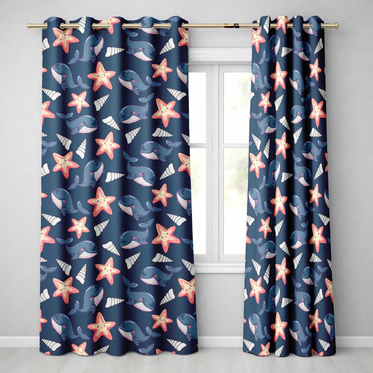 Cute Kawaii Whale Starfish Seashell Ocean Animals Navy Background Pattern Readymade Eyelet Ring Top Thermal 100% Blackout Curtains